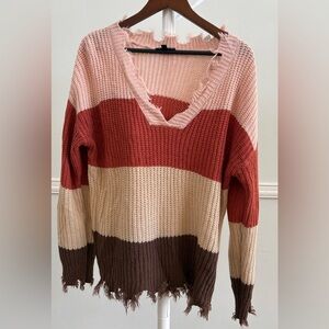 NWOT Alison Andrews Distressed V-Neck Striped Sweater,Pink,Red,Cream, Brown S:L